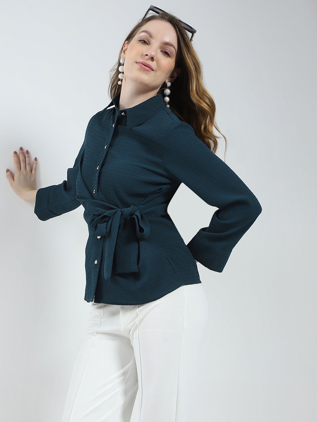 Women Teal Blue Solid Collar 3/4th Sleeve Top