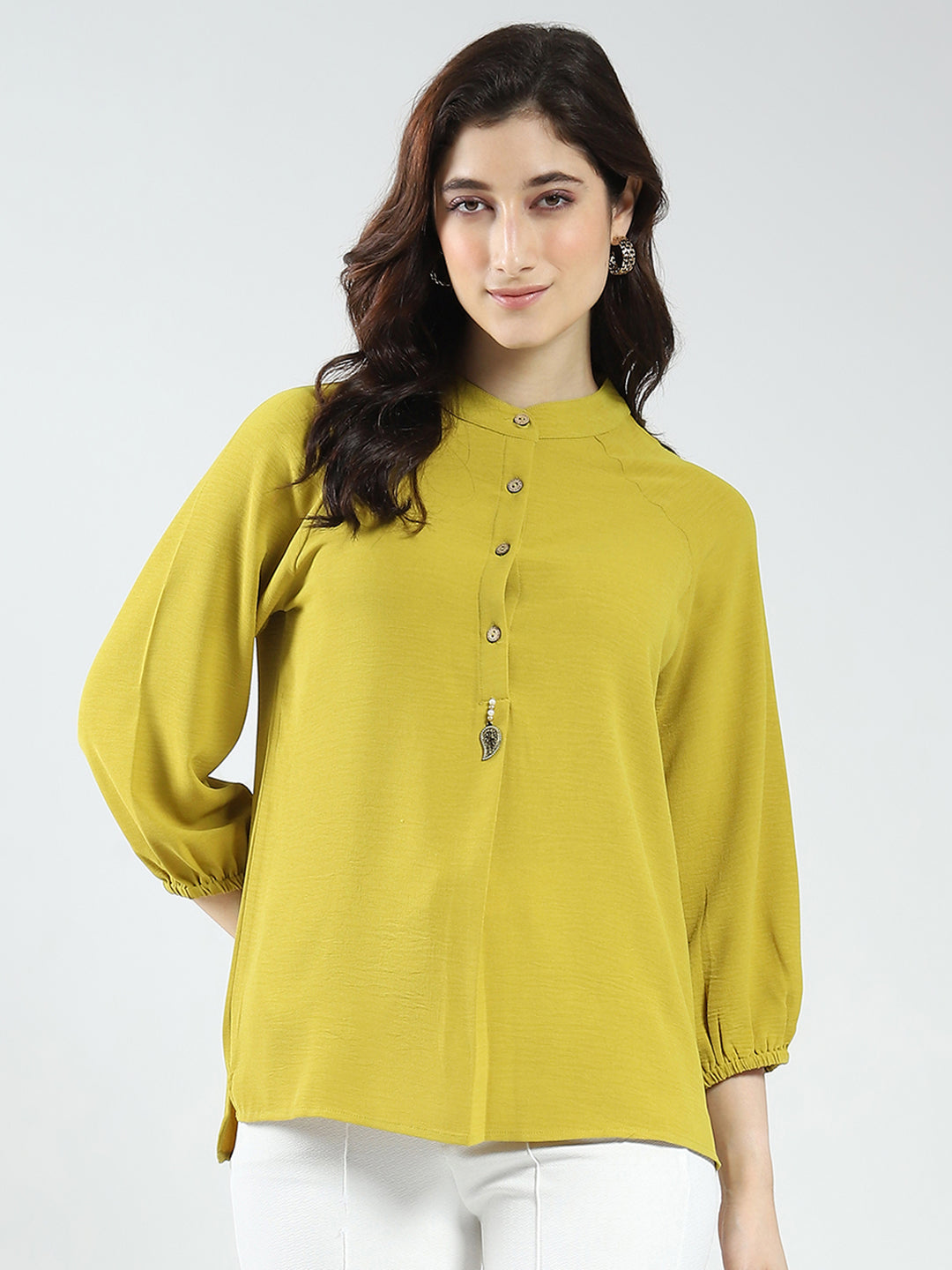Women Mustard Solid Band Neck 3/4th Sleeve Top
