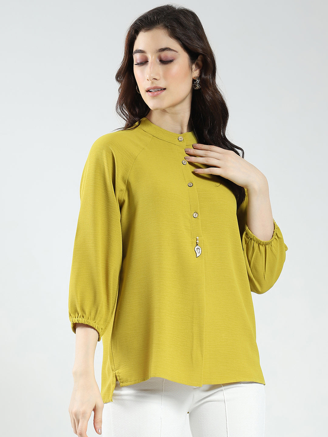 Women Mustard Solid Band Neck 3/4th Sleeve Top