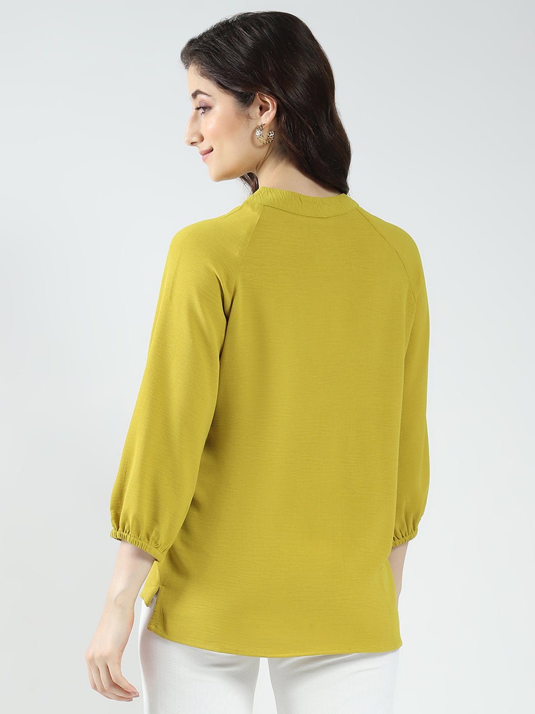 Women Mustard Solid Band Neck 3/4th Sleeve Top