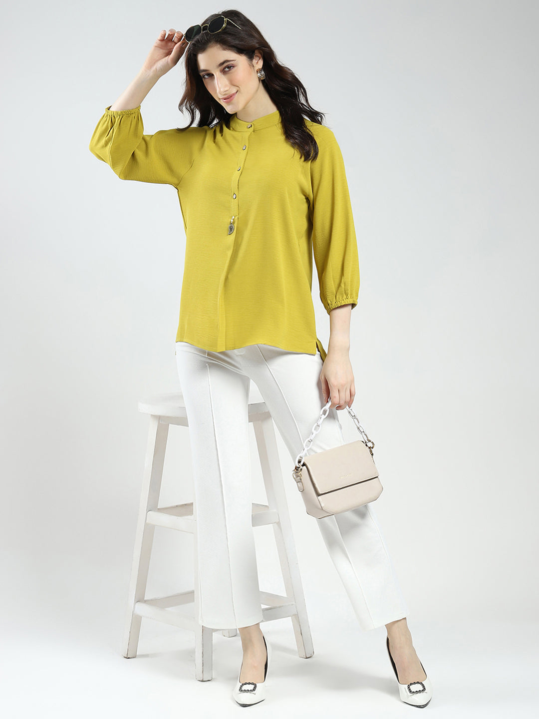 Women Mustard Solid Band Neck 3/4th Sleeve Top