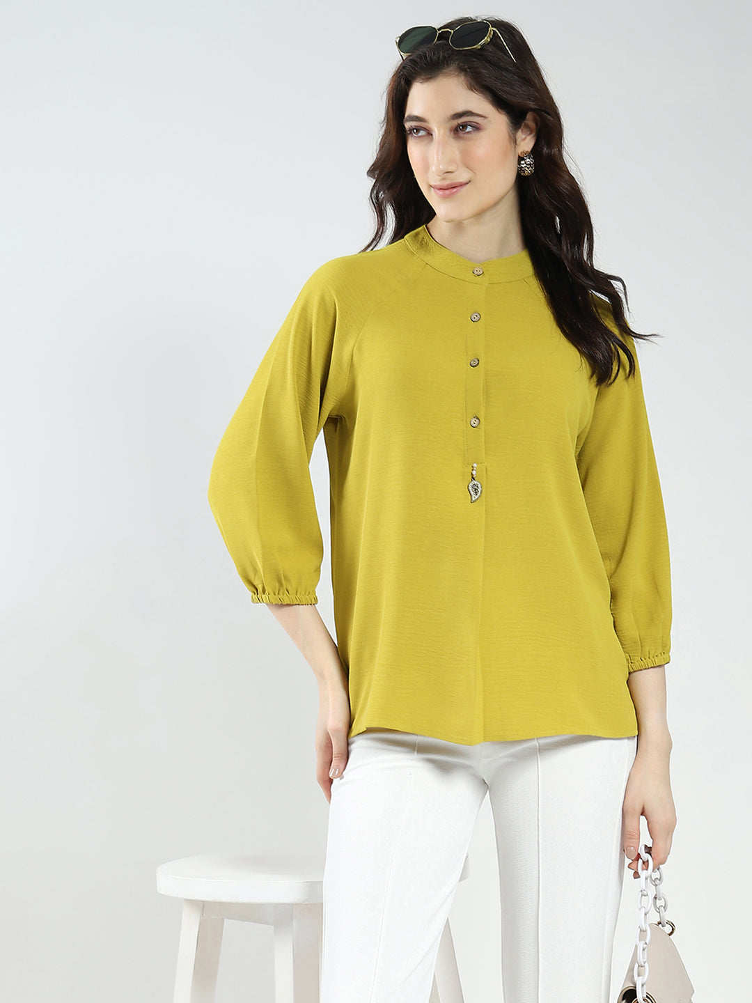 Women Mustard Solid Band Neck 3/4th Sleeve Top
