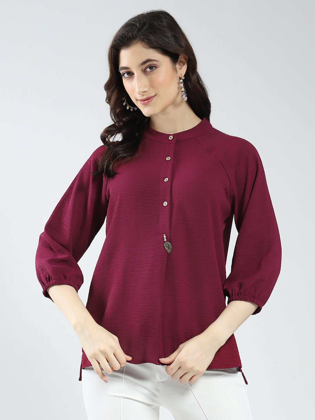Women Maroon Solid Band Neck 3/4th Sleeve Top