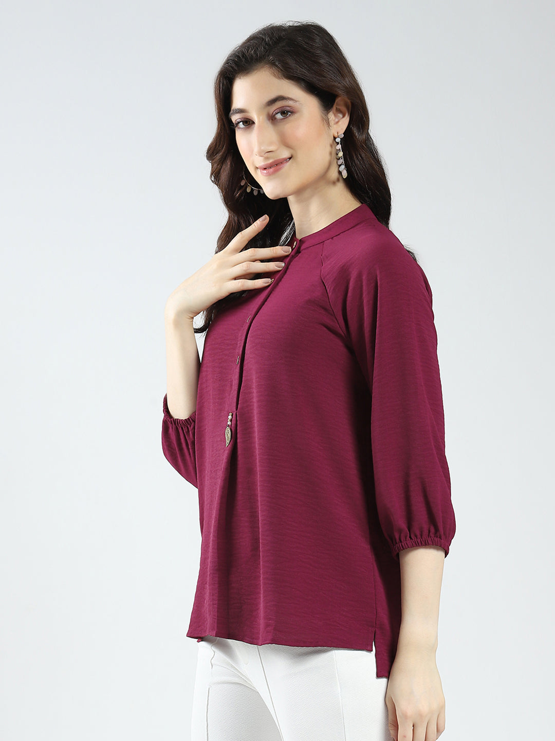 Women Maroon Solid Band Neck 3/4th Sleeve Top