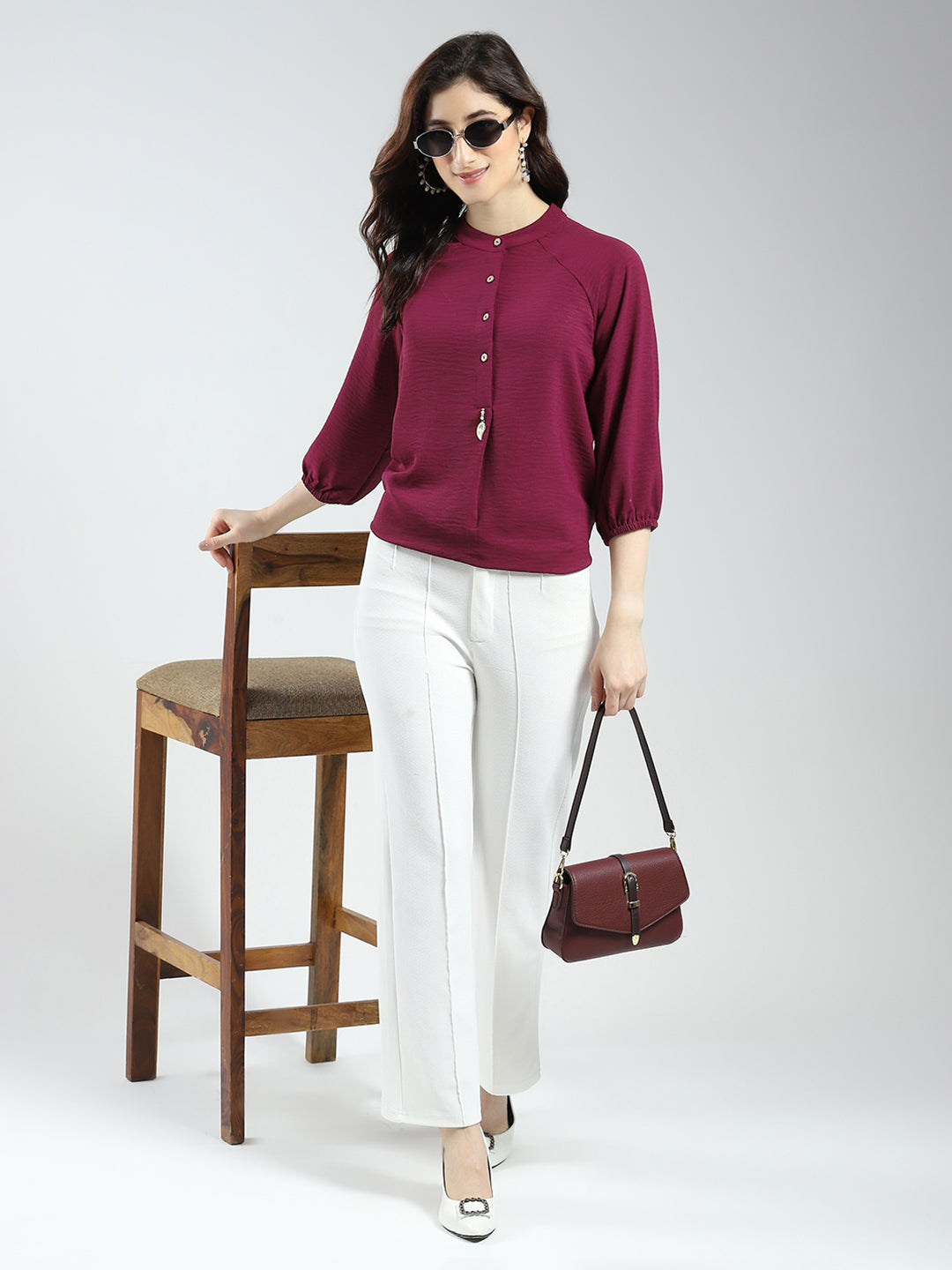 Women Maroon Solid Band Neck 3/4th Sleeve Top