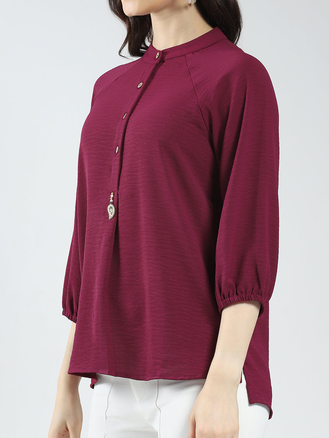 Women Maroon Solid Band Neck 3/4th Sleeve Top