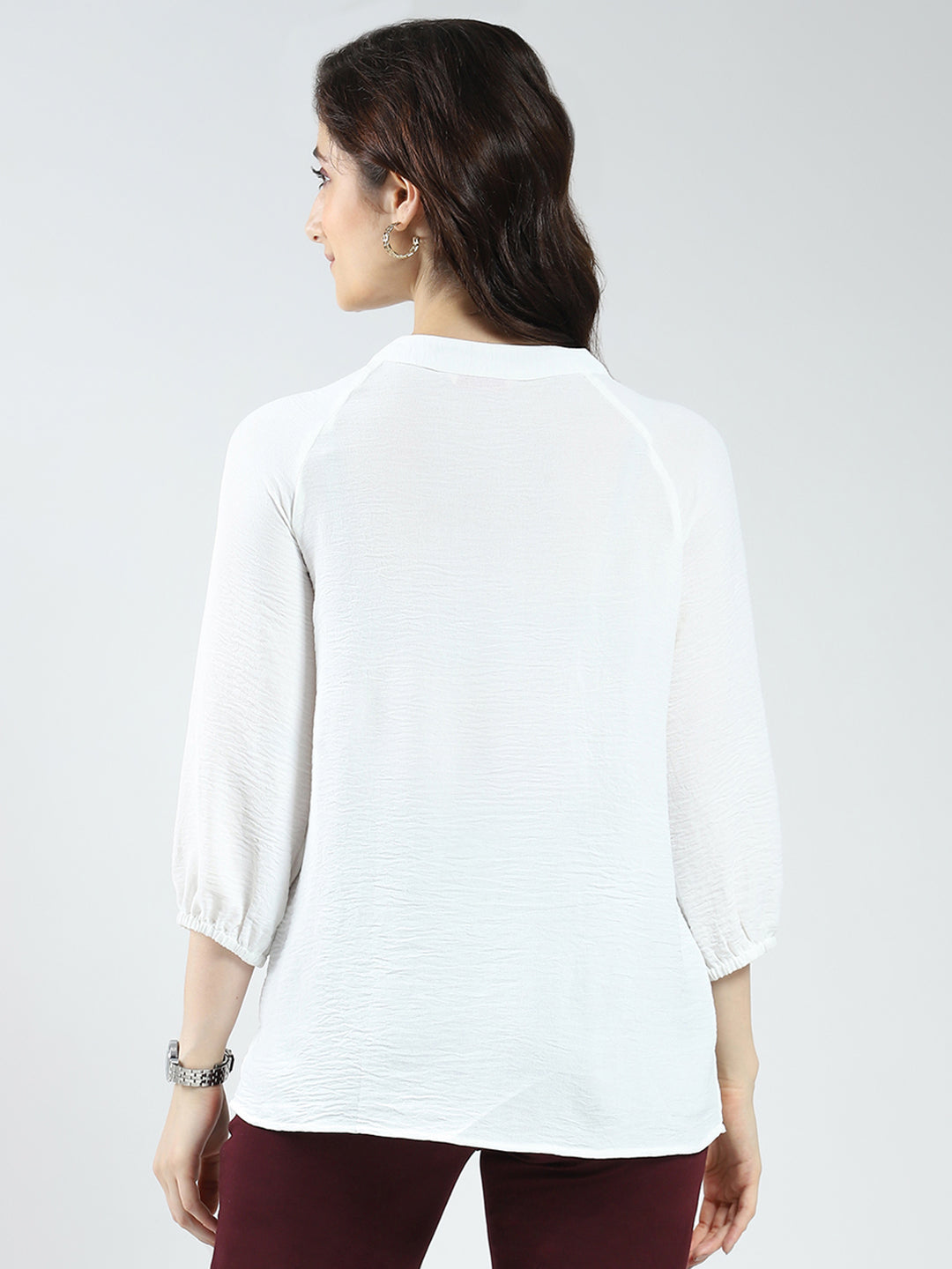Women White Solid Band Neck 3/4th Sleeve Top
