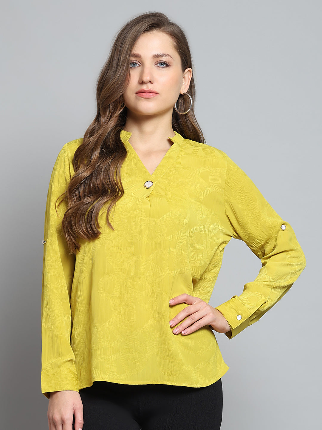 Women Yellow Self Design V Neck Full Sleeve Top