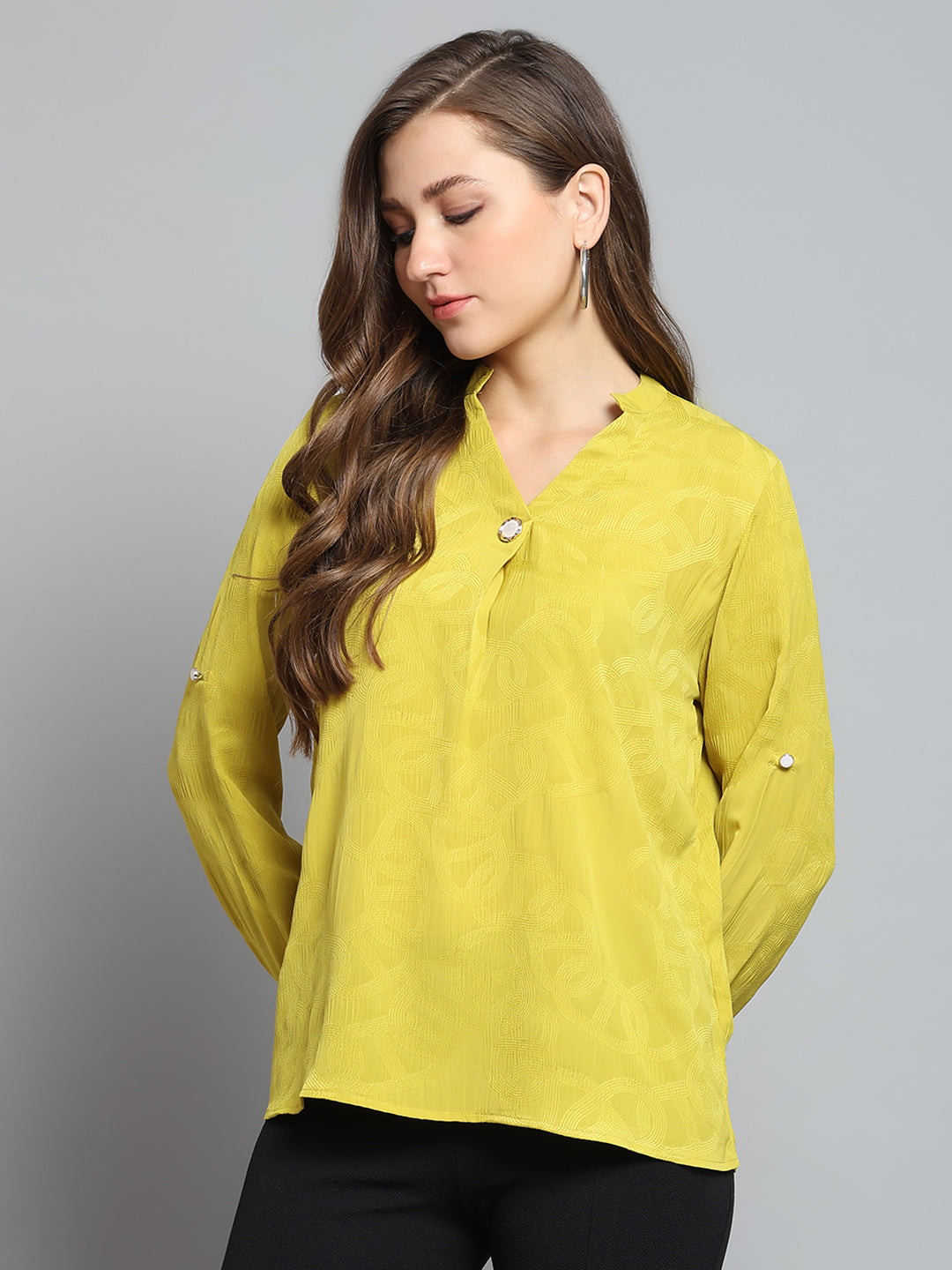 Women Yellow Self Design V Neck Full Sleeve Top