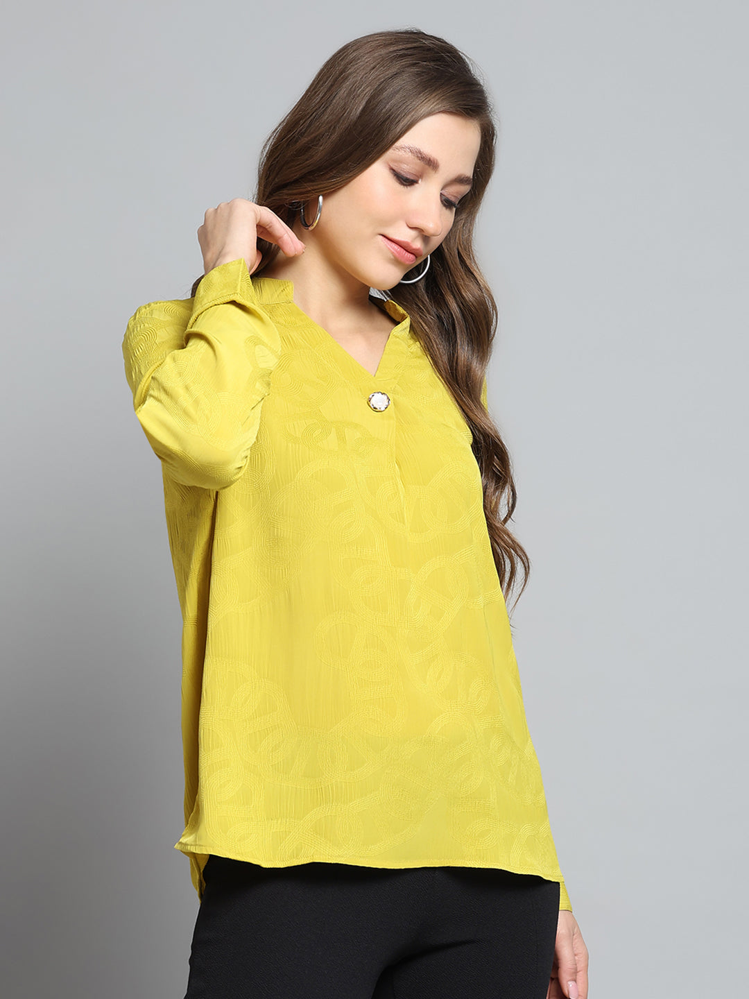 Women Yellow Self Design V Neck Full Sleeve Top
