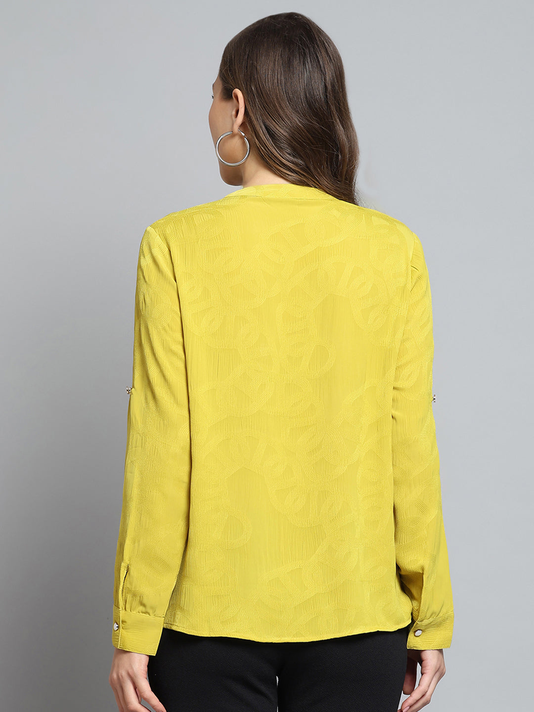 Women Yellow Self Design V Neck Full Sleeve Top