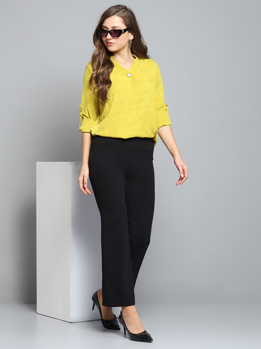 Women Yellow Self Design V Neck Full Sleeve Top