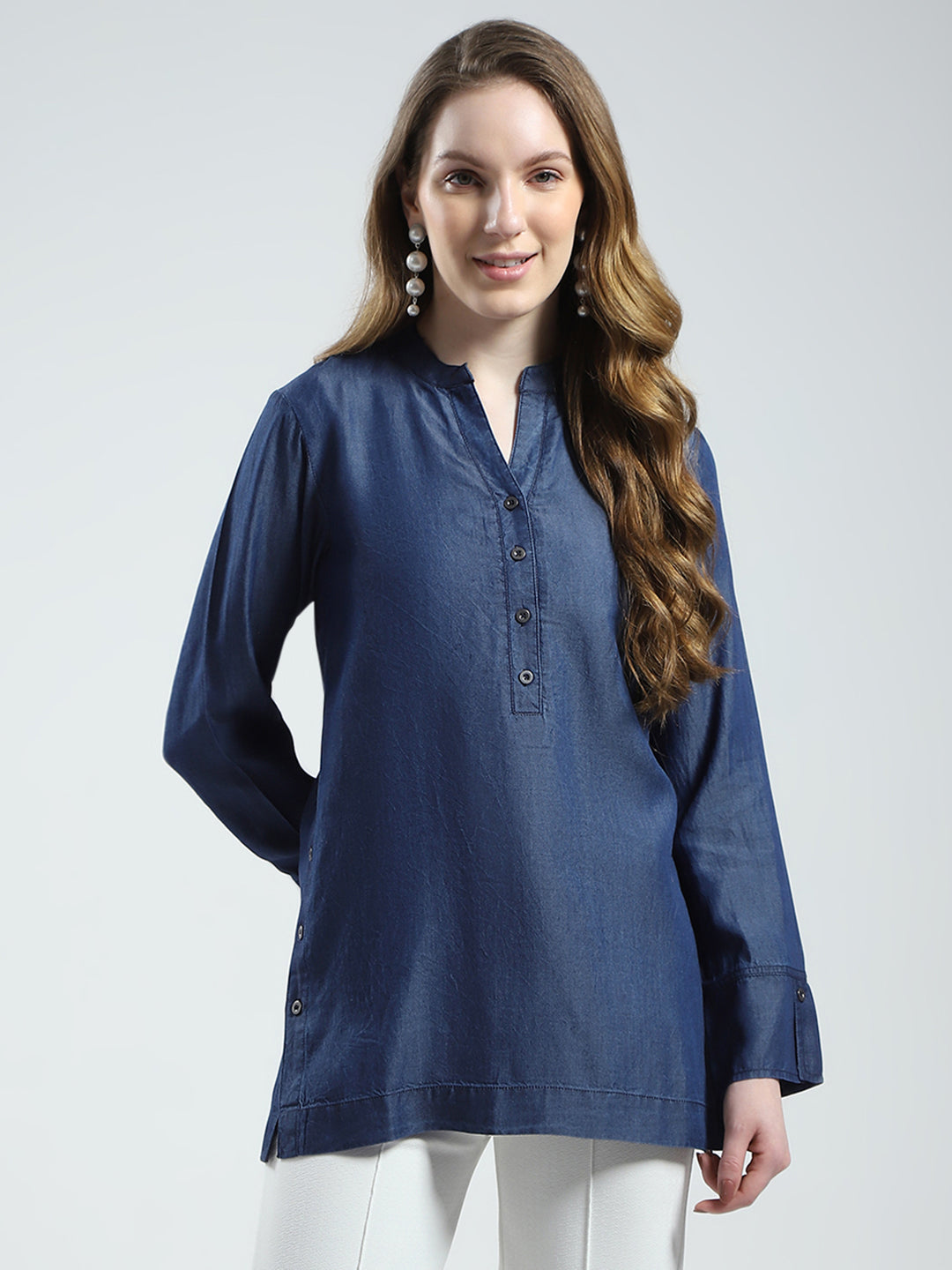 Women Blue Solid Band Collar Full Sleeve Top