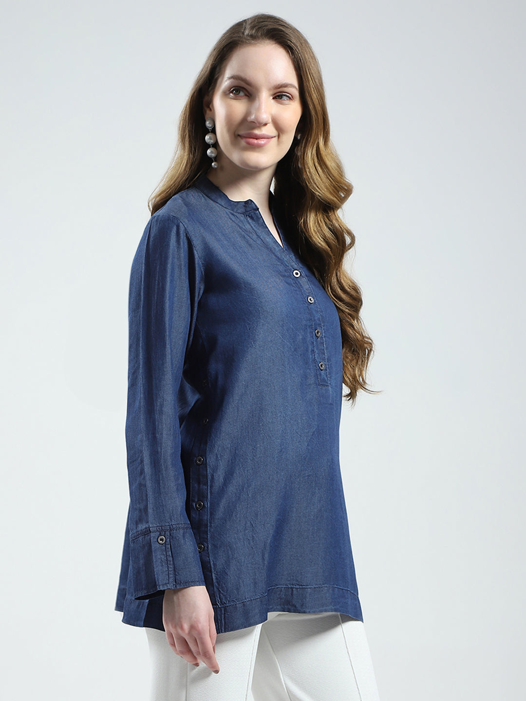 Women Blue Solid Band Collar Full Sleeve Top