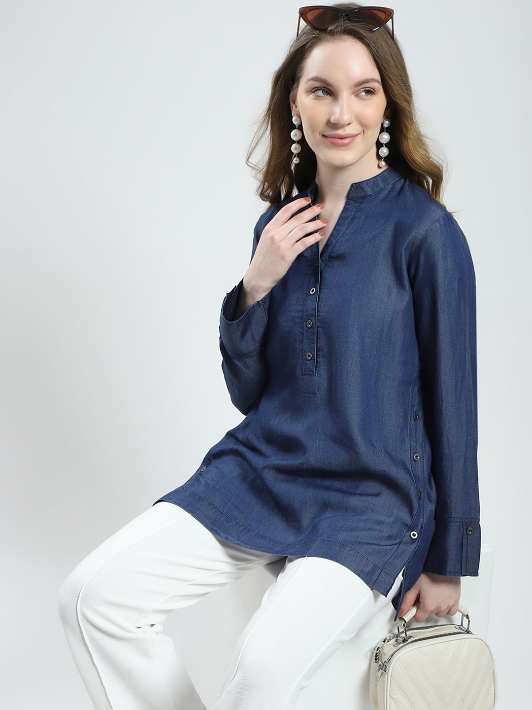 Women Blue Solid Band Collar Full Sleeve Top