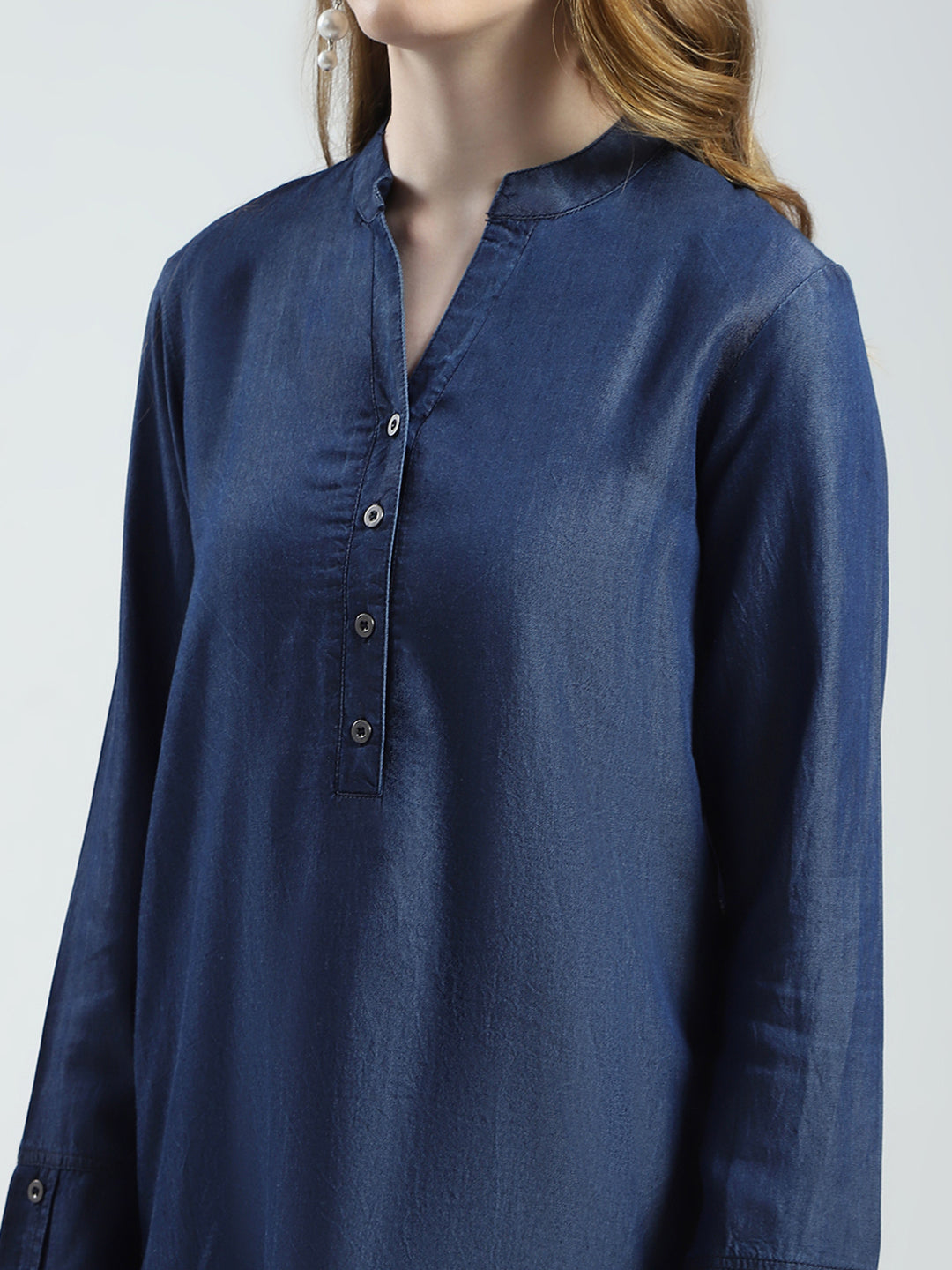 Women Blue Solid Band Collar Full Sleeve Top
