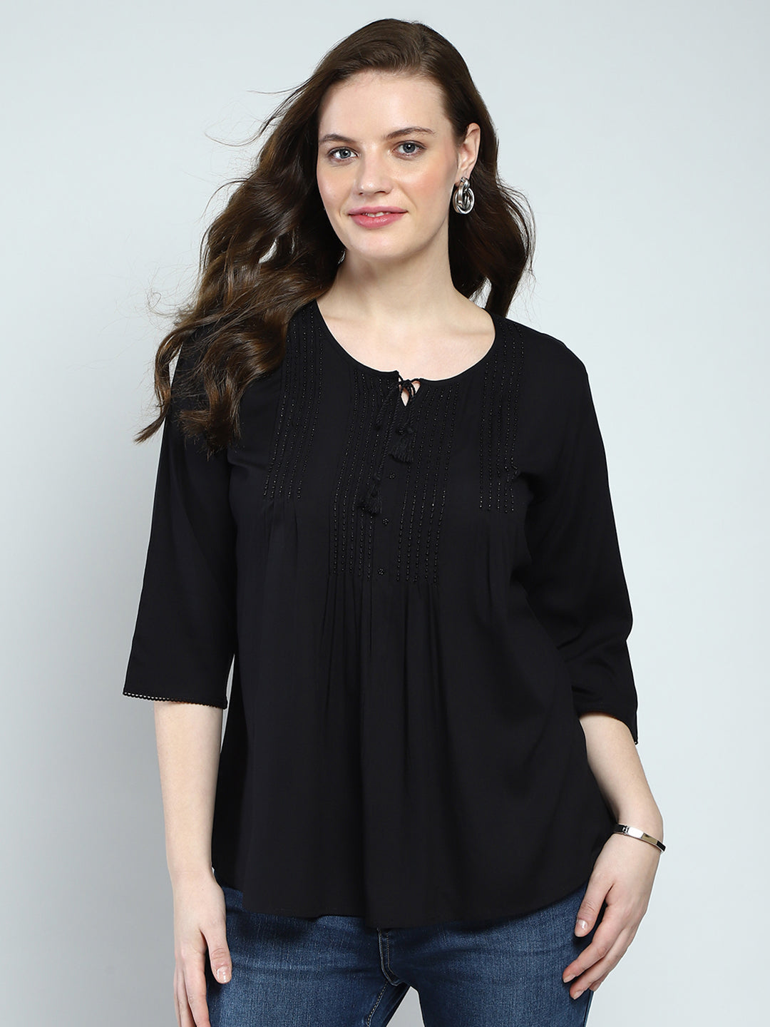 Women Black Self Design Round Neck 3/4th Sleeve Top