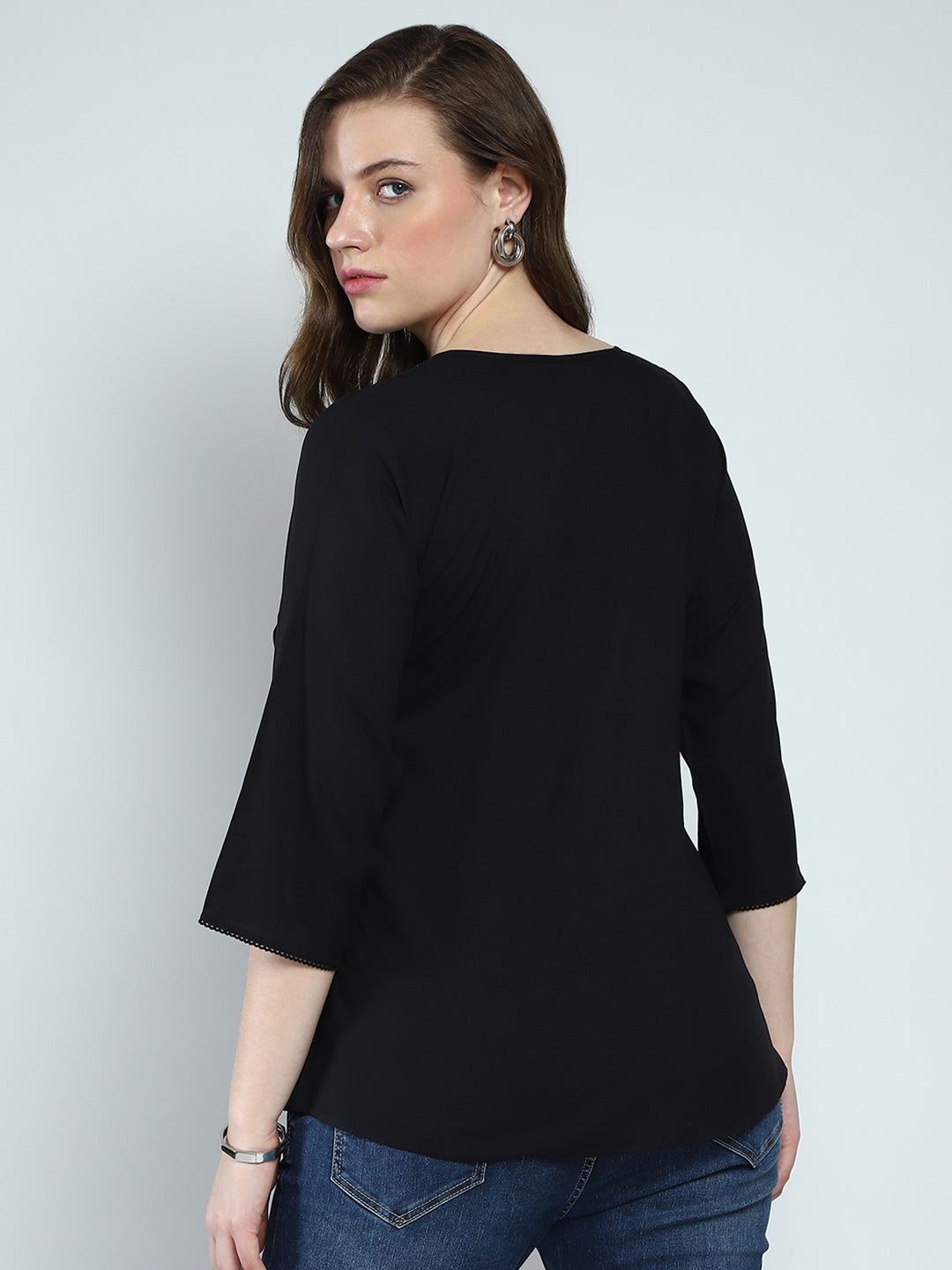 Women Black Self Design Round Neck 3/4th Sleeve Top