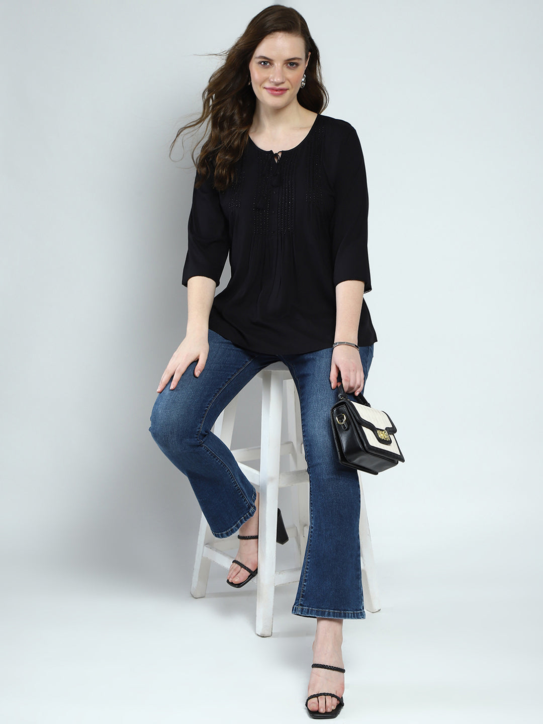 Women Black Self Design Round Neck 3/4th Sleeve Top