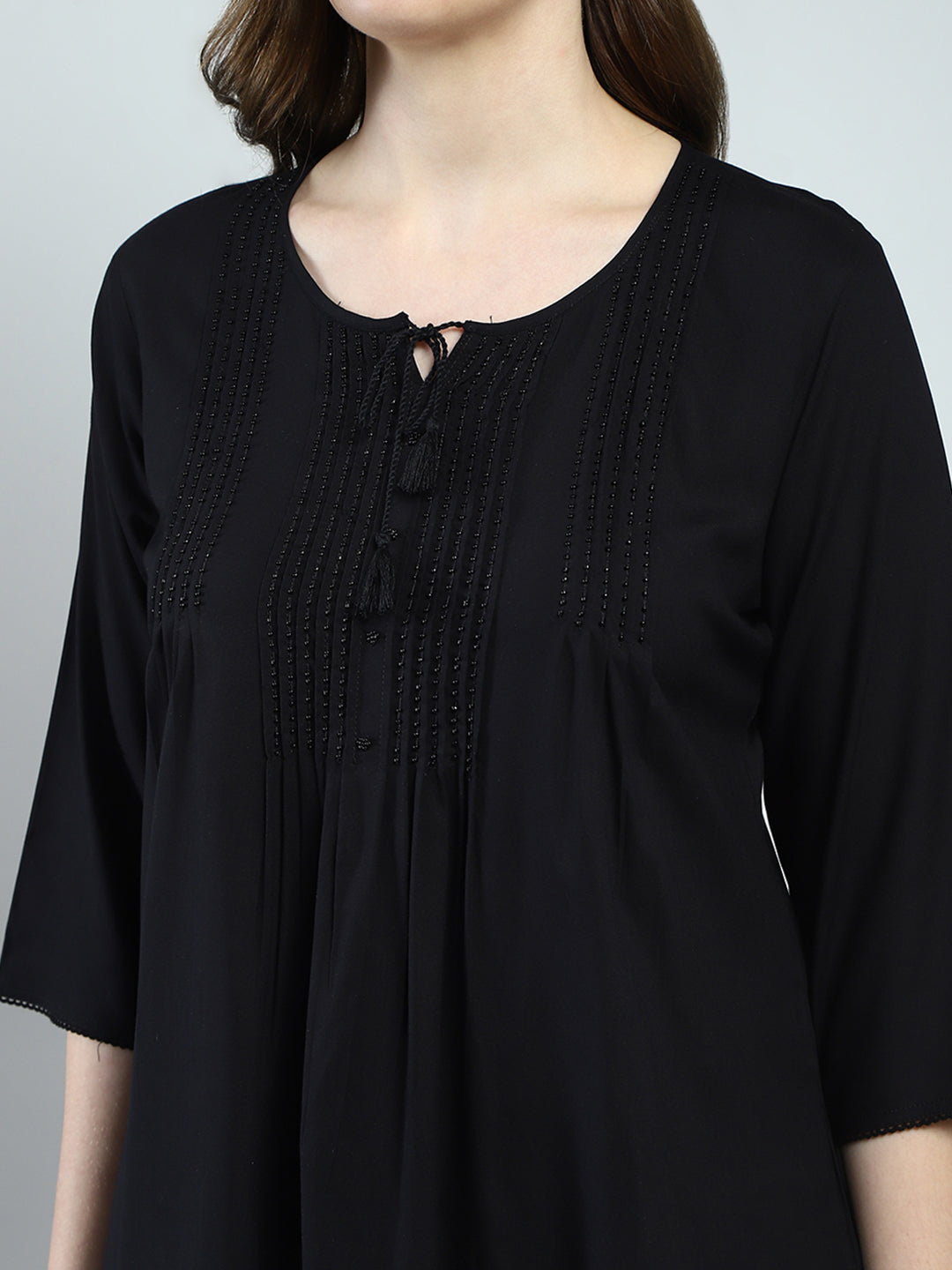 Women Black Self Design Round Neck 3/4th Sleeve Top
