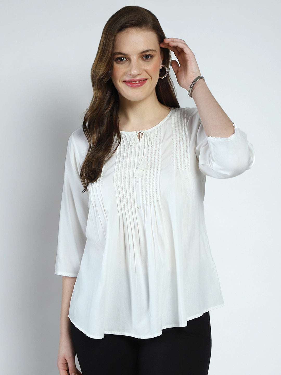 Women White Embroidered Round Neck 3/4th Sleeve Top