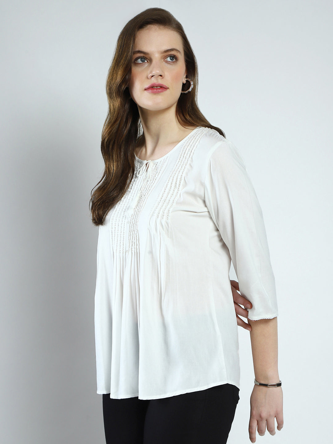Women White Embroidered Round Neck 3/4th Sleeve Top