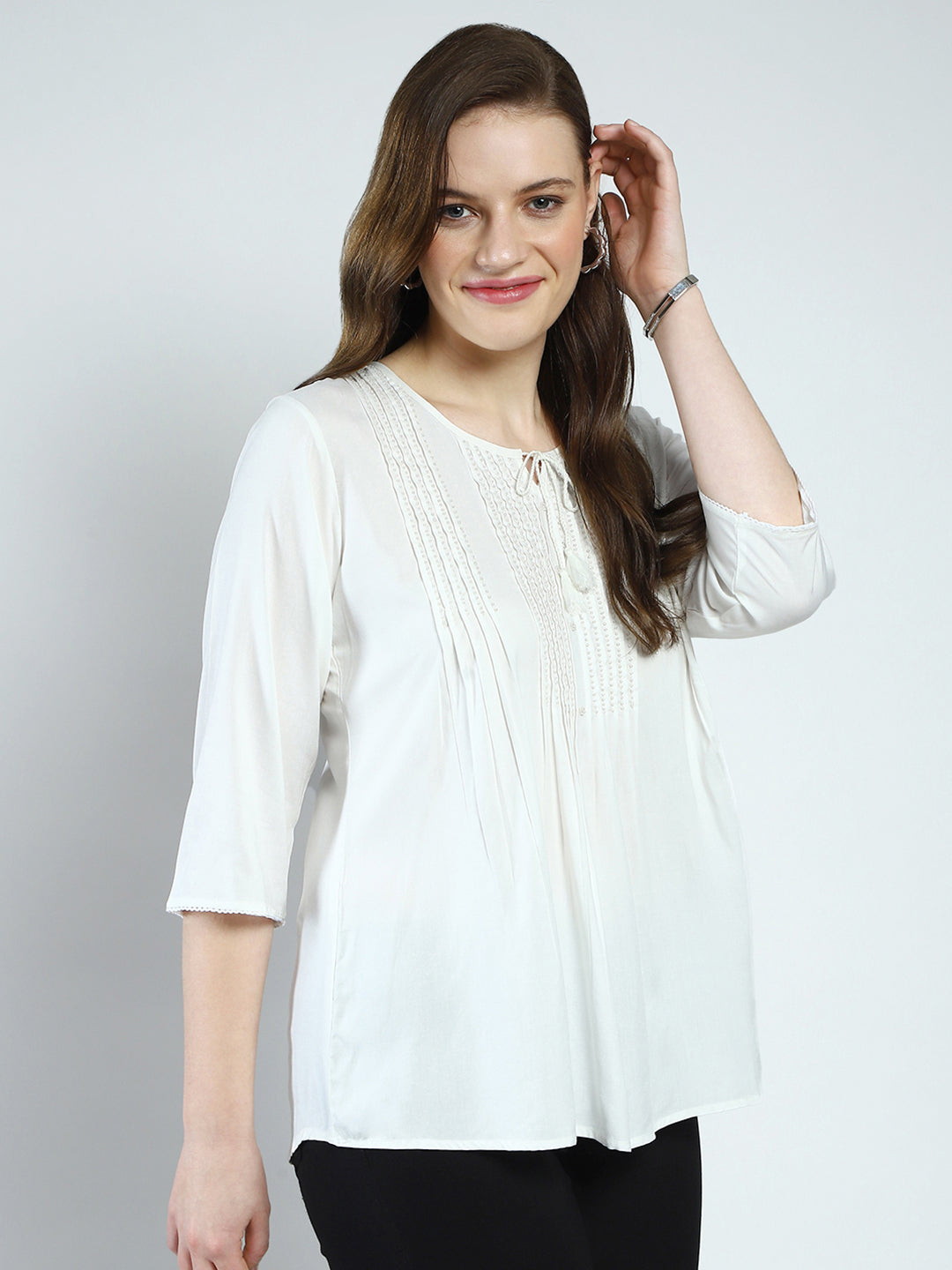 Women White Embroidered Round Neck 3/4th Sleeve Top