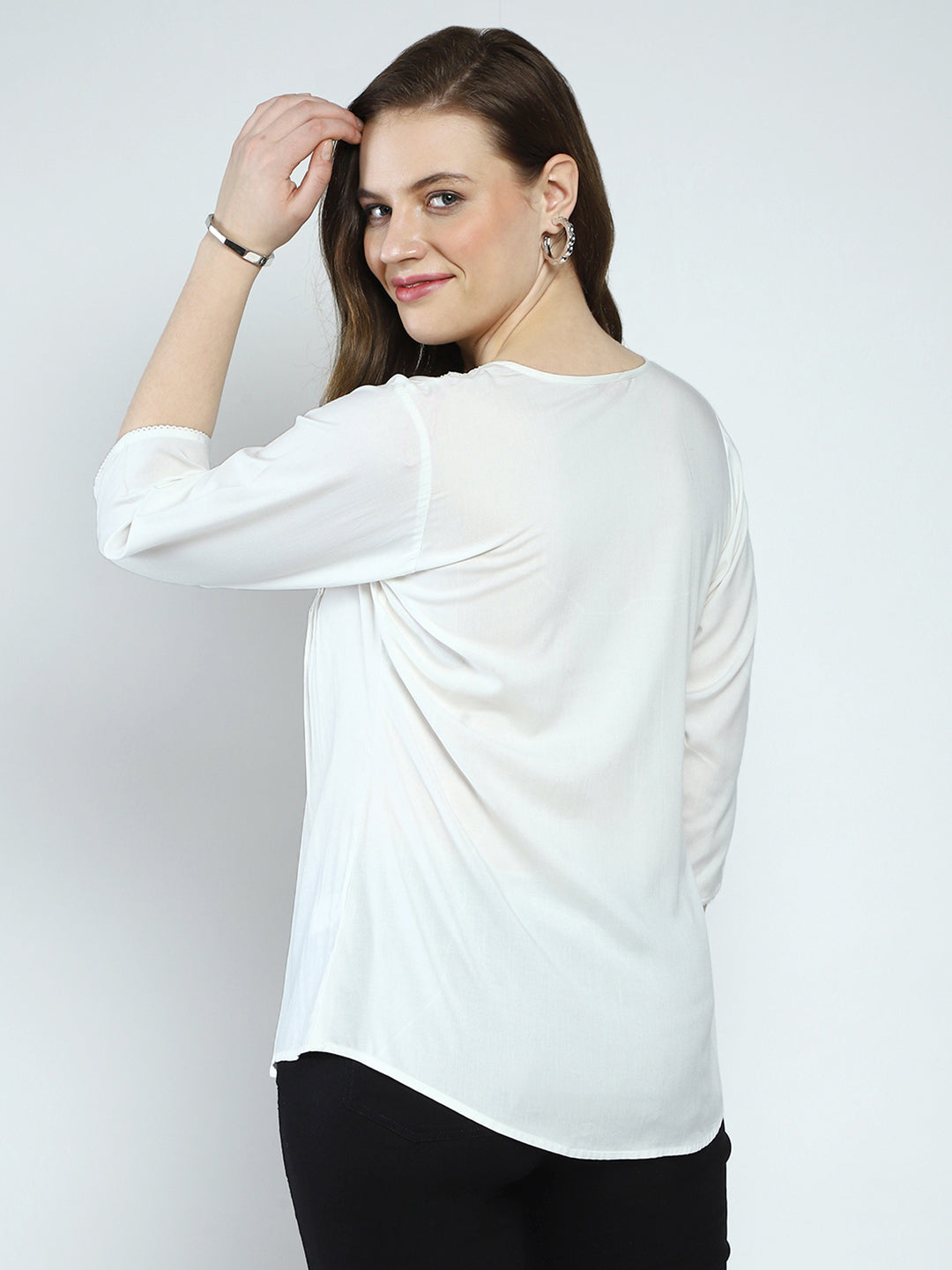 Women White Embroidered Round Neck 3/4th Sleeve Top