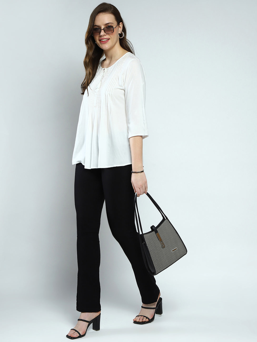 Women White Embroidered Round Neck 3/4th Sleeve Top