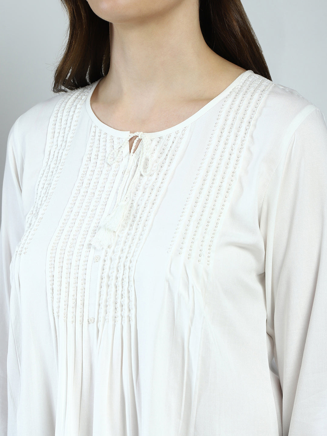 Women White Embroidered Round Neck 3/4th Sleeve Top