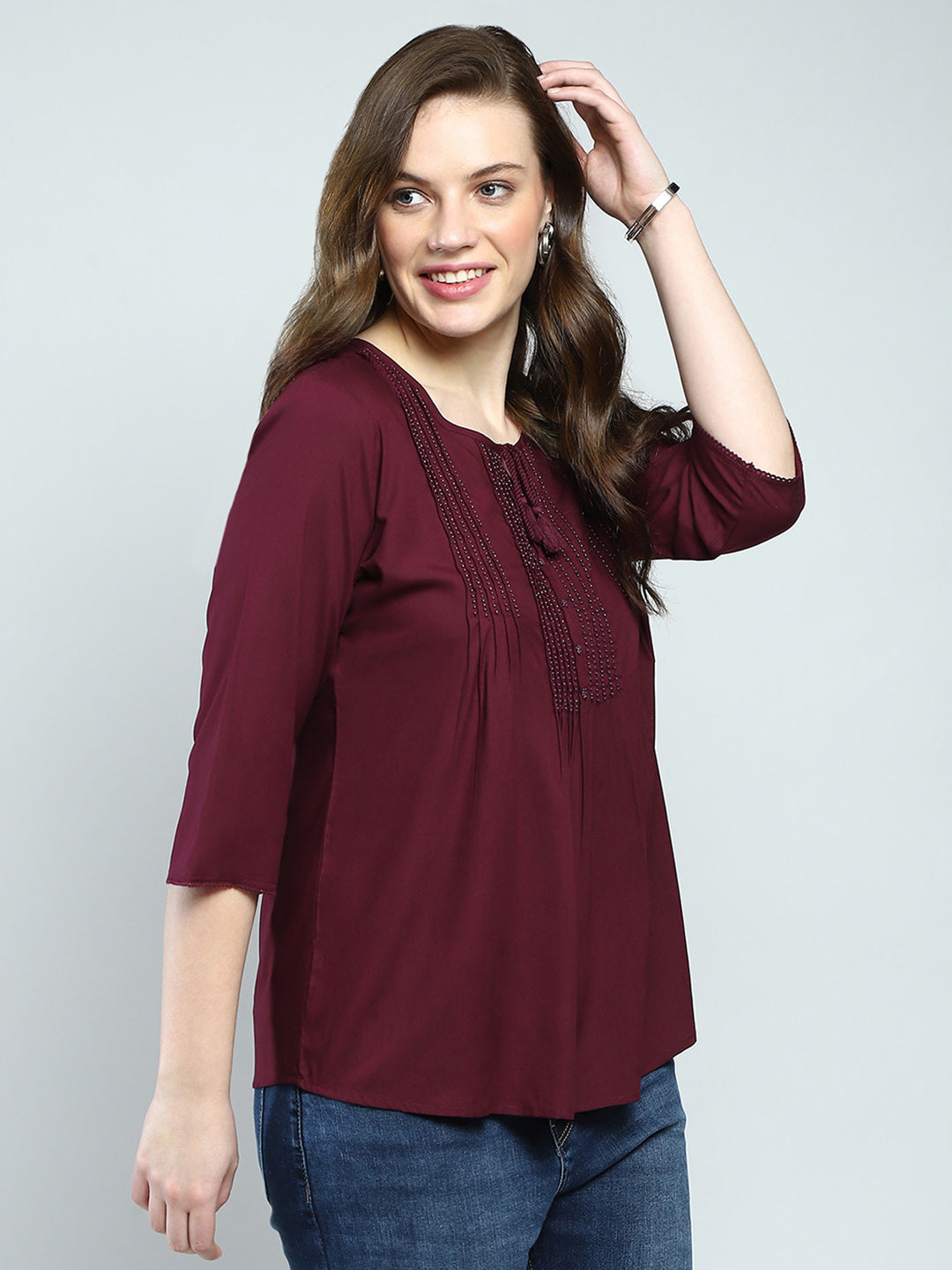 Women Maroon Self Design Round Neck 3/4th Sleeve Top