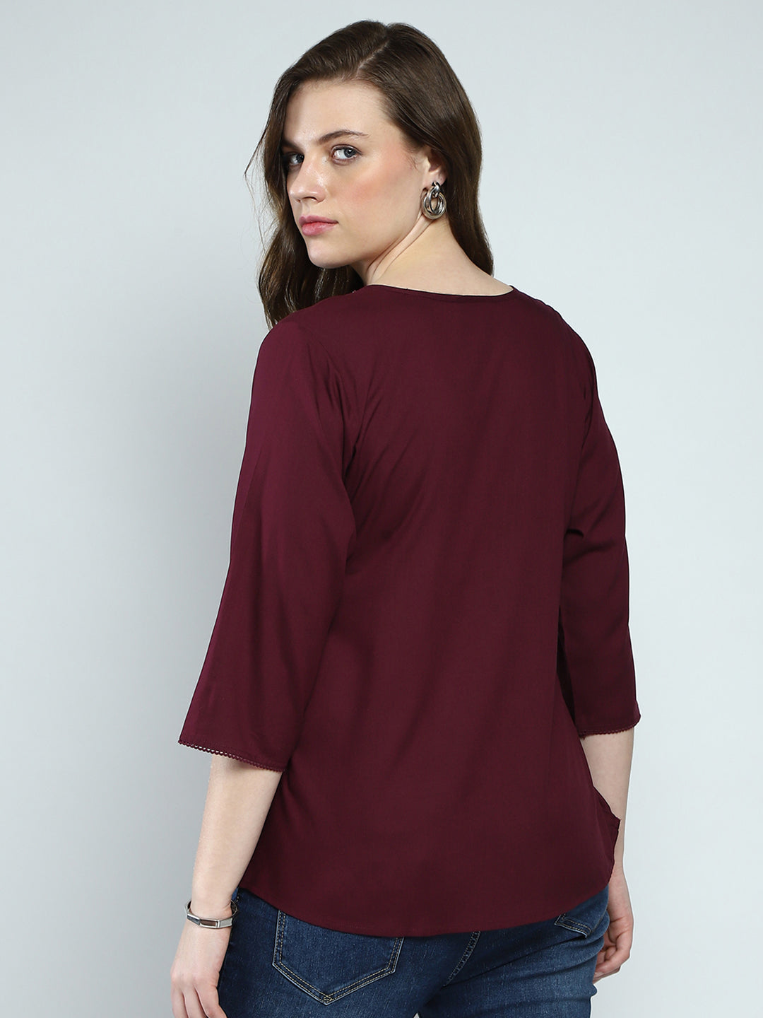 Women Maroon Self Design Round Neck 3/4th Sleeve Top