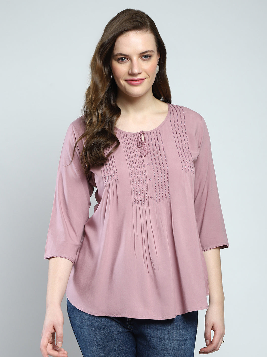 Buy Women Pink Self Design Round Neck 3/4th Sleeve Top Online in