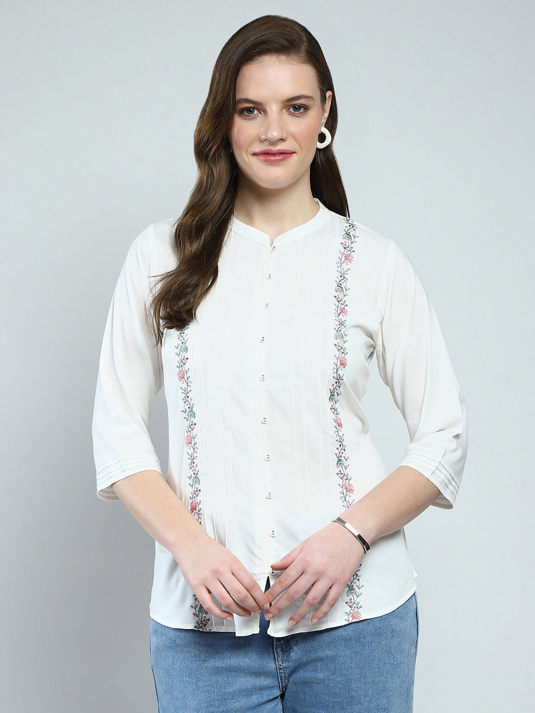 Women White Embroidered Round Neck 3/4th Sleeve Top