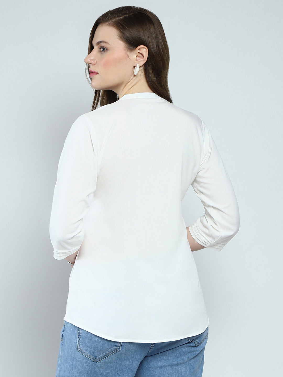Women White Embroidered Round Neck 3/4th Sleeve Top