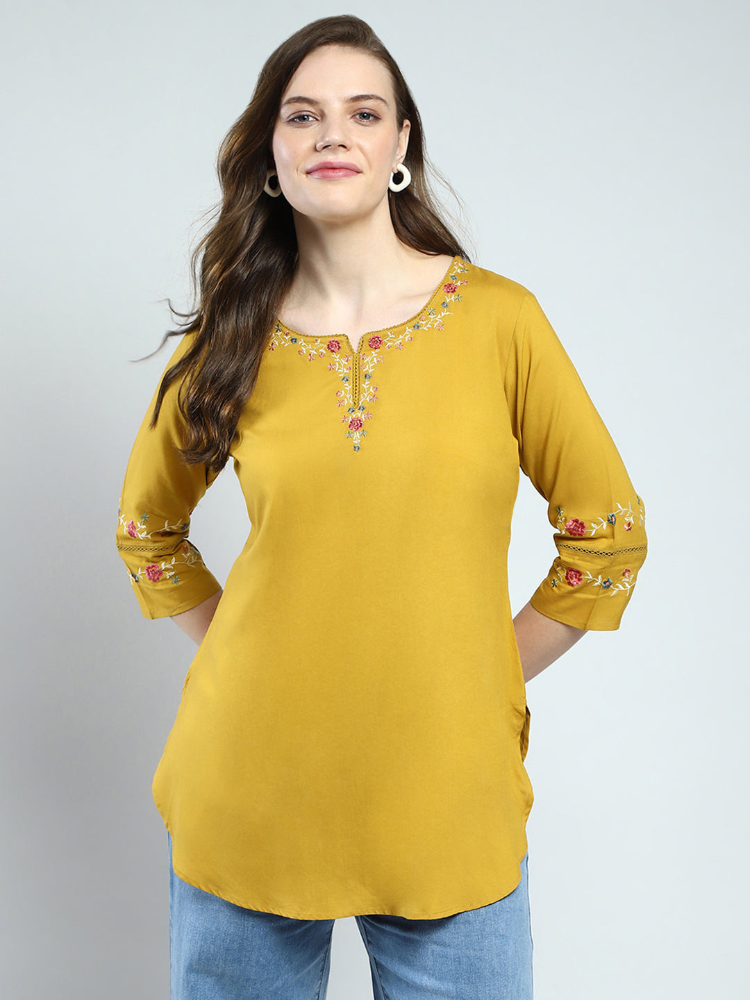 Women Mustard Embroidered Round Neck 3/4th Sleeve Top