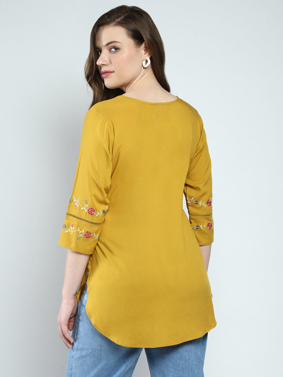 Women Mustard Embroidered Round Neck 3/4th Sleeve Top