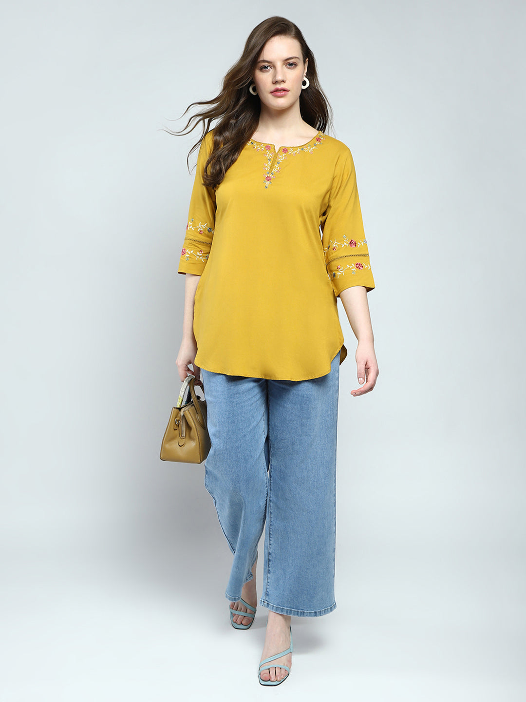 Women Mustard Embroidered Round Neck 3/4th Sleeve Top