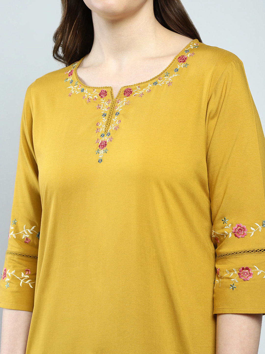 Women Mustard Embroidered Round Neck 3/4th Sleeve Top