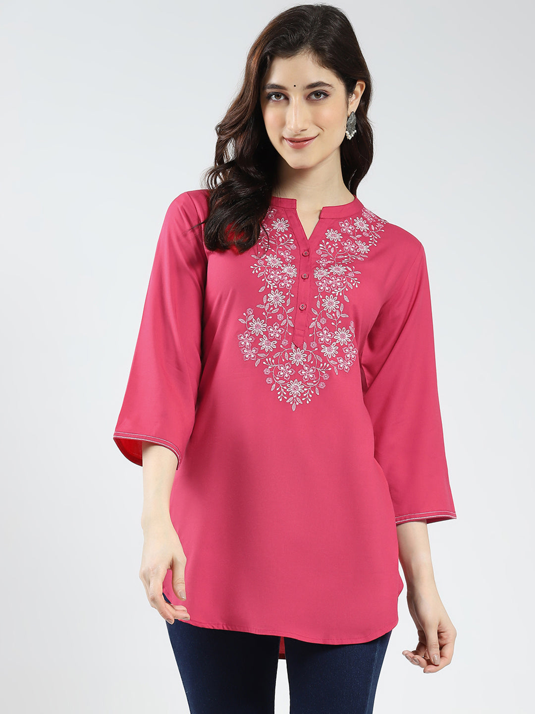 Women Pink Embroidered Band Neck 3/4th Sleeve Top