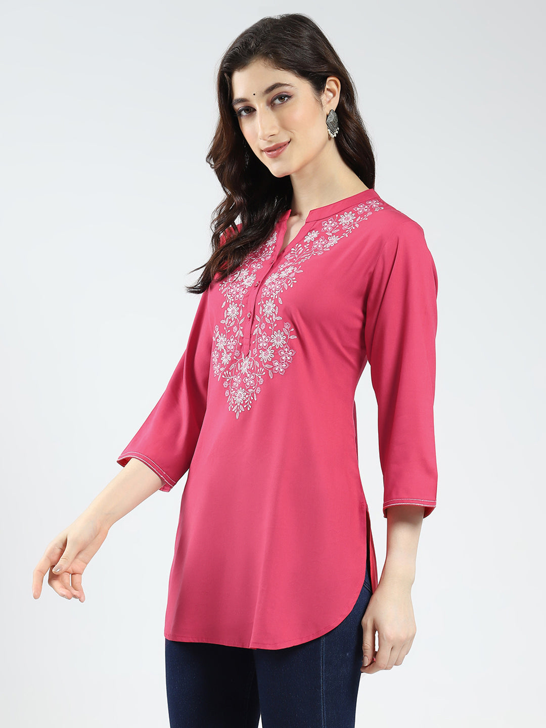 Women Pink Embroidered Band Neck 3/4th Sleeve Top