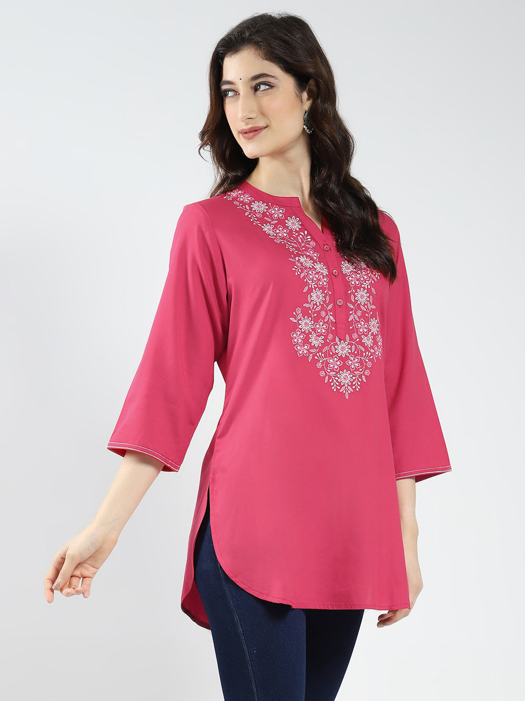 Women Pink Embroidered Band Neck 3/4th Sleeve Top