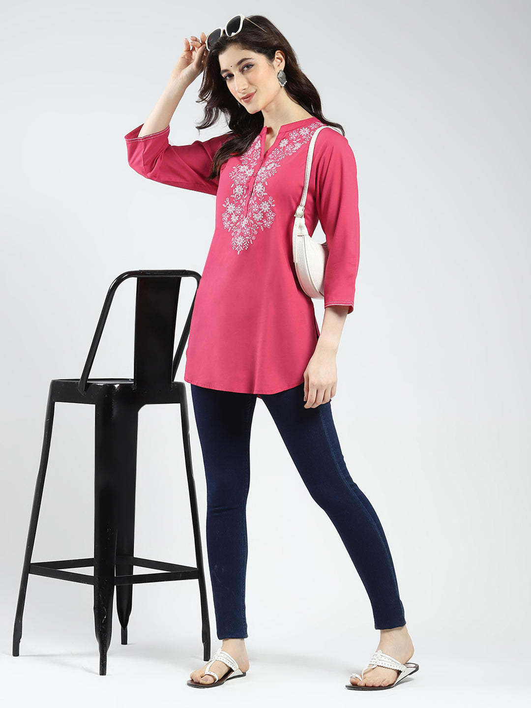 Women Pink Embroidered Band Neck 3/4th Sleeve Top