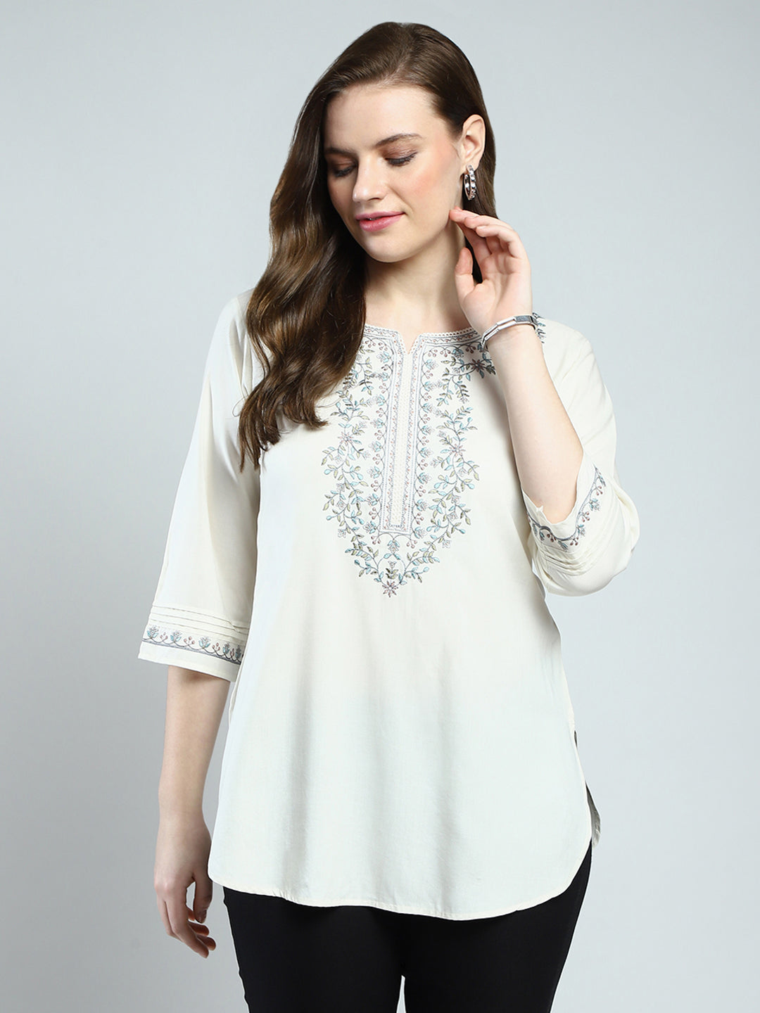 Women Off White Embroidered Round Neck 3/4th Sleeve Top