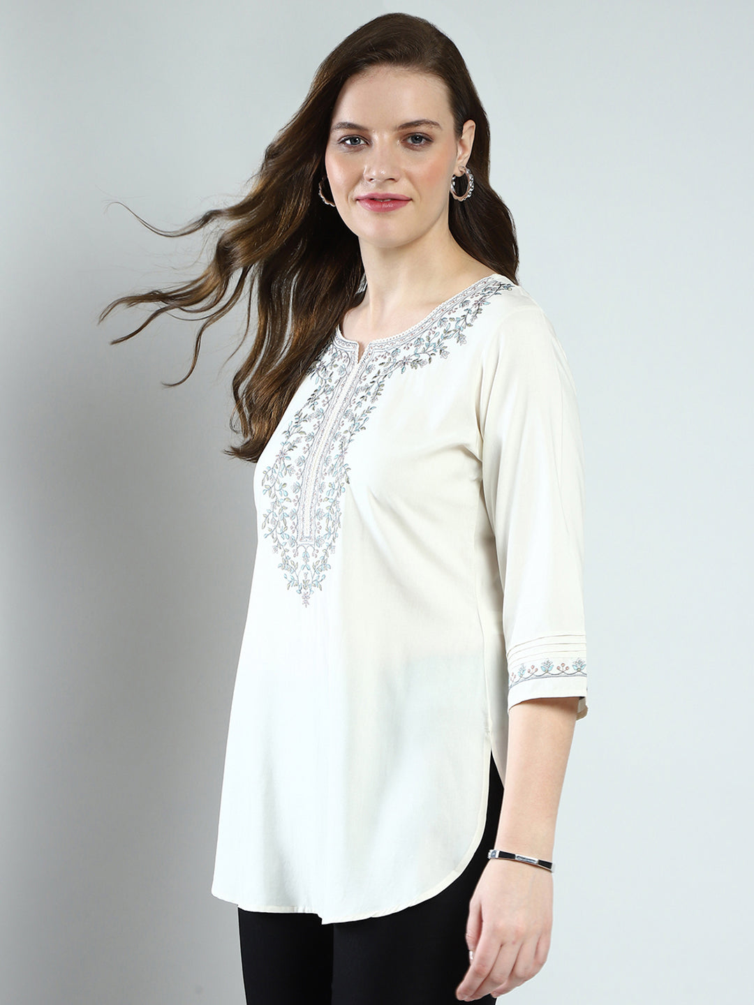 Women Off White Embroidered Round Neck 3/4th Sleeve Top