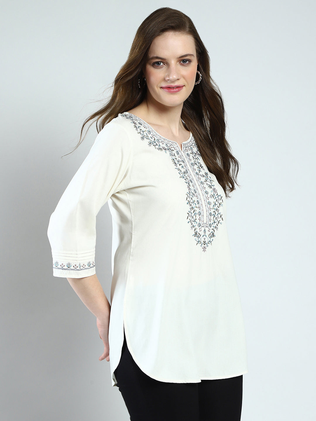 Women Off White Embroidered Round Neck 3/4th Sleeve Top