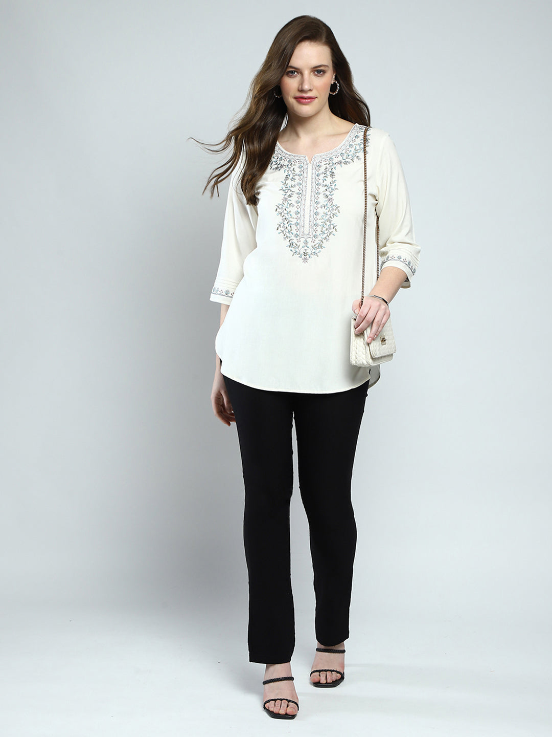 Women Off White Embroidered Round Neck 3/4th Sleeve Top