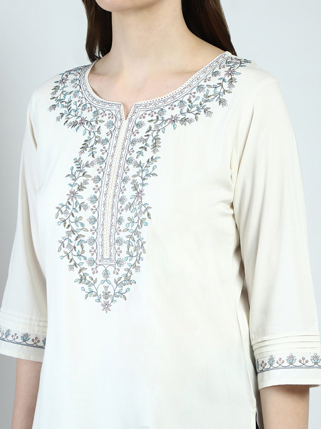 Women Off White Embroidered Round Neck 3/4th Sleeve Top