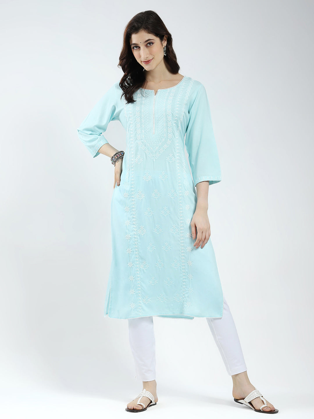 Women Blue Self Design Round Neck 3/4th Sleeve Kurti