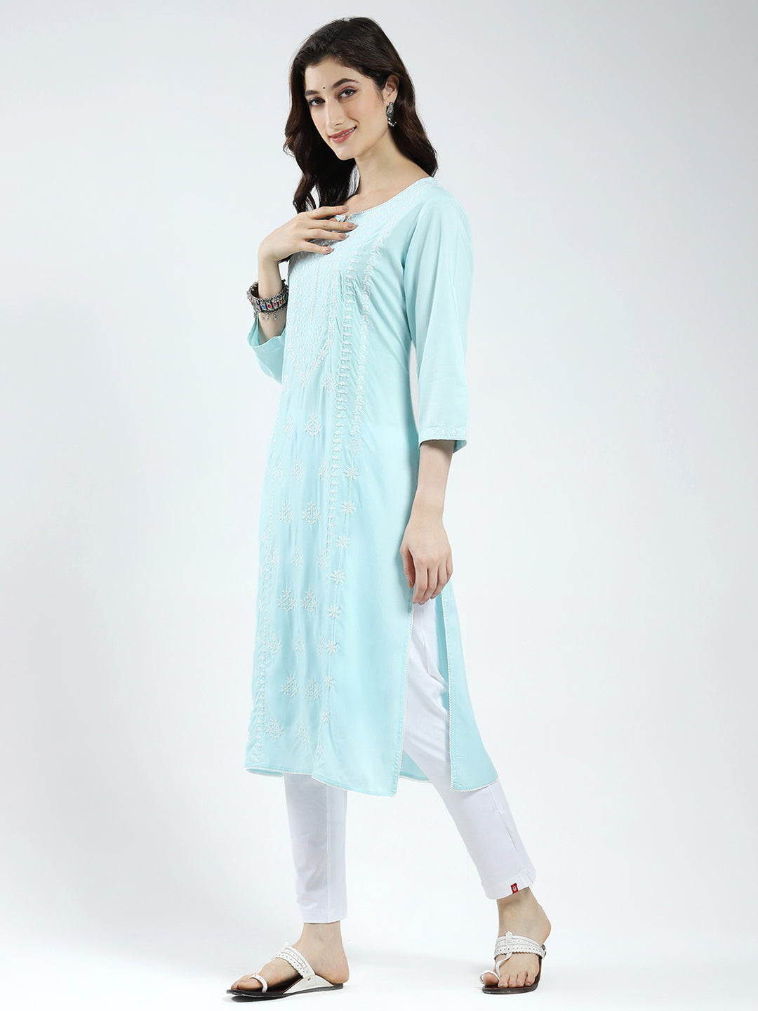 Women Blue Self Design Round Neck 3/4th Sleeve Kurti